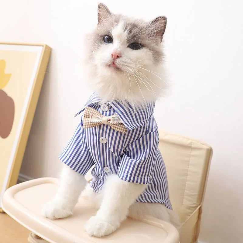 Pet Cat Dog Shirt with Bow Tie Striped Short Sleeve Pet Clothing for Small Dogs Summer Shirts for Teddy Pomeranian Bichon