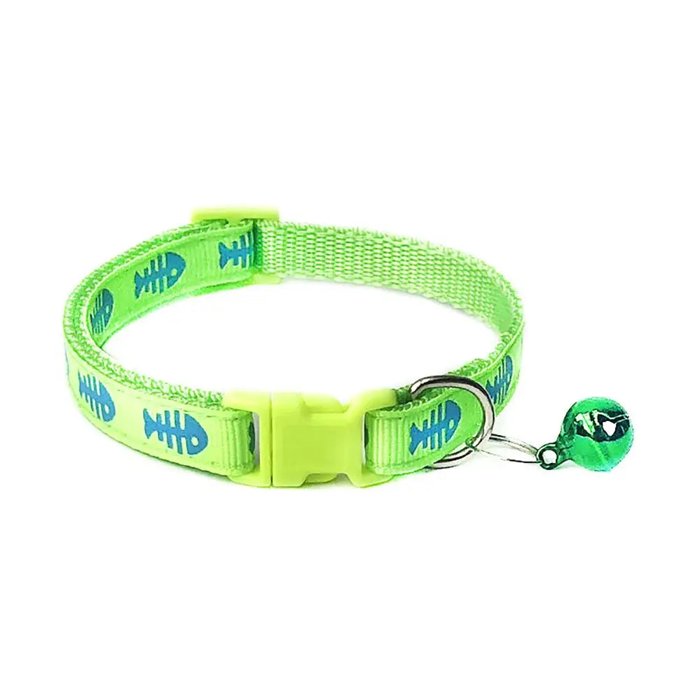 Pets Dog Cat Fish Bone Print Bell Buckle Adjustable Collar Necklace Neck Strap Adjustable Length: 19cm - 32cm