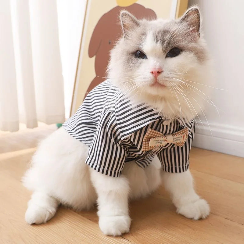 Pet Cat Dog Shirt with Bow Tie Striped Short Sleeve Pet Clothing for Small Dogs Summer Shirts for Teddy Pomeranian Bichon