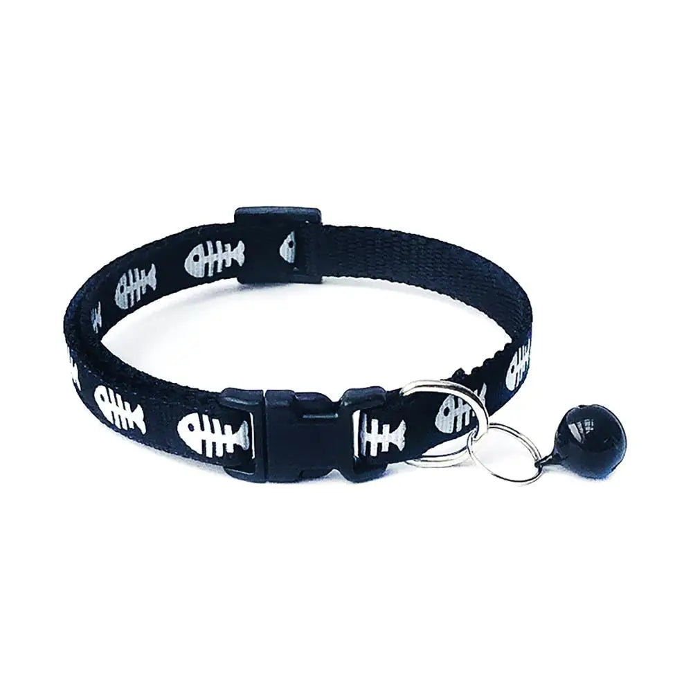 Pets Dog Cat Fish Bone Print Bell Buckle Adjustable Collar Necklace Neck Strap Adjustable Length: 19cm - 32cm