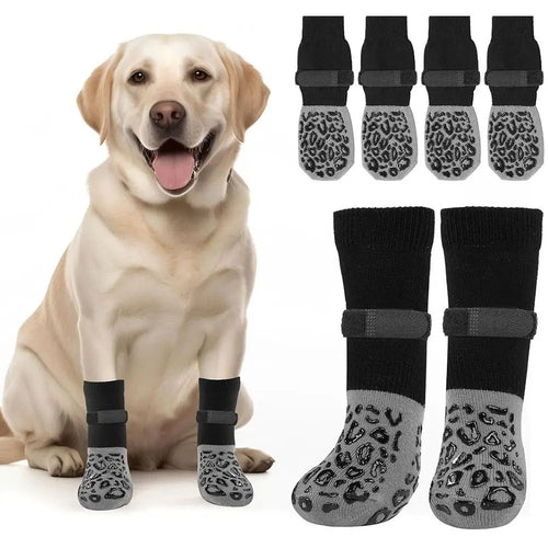 Lot de 4 paires de chaussettes pour chien antidérapantes et confortables de haute qualité, anti-griffures et ajustables.