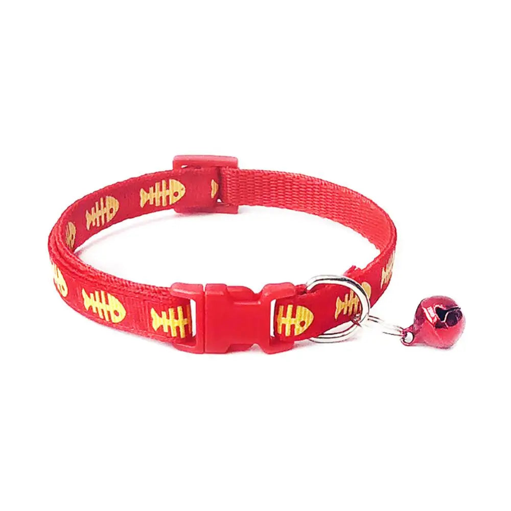 Pets Dog Cat Fish Bone Print Bell Buckle Adjustable Collar Necklace Neck Strap Adjustable Length: 19cm - 32cm