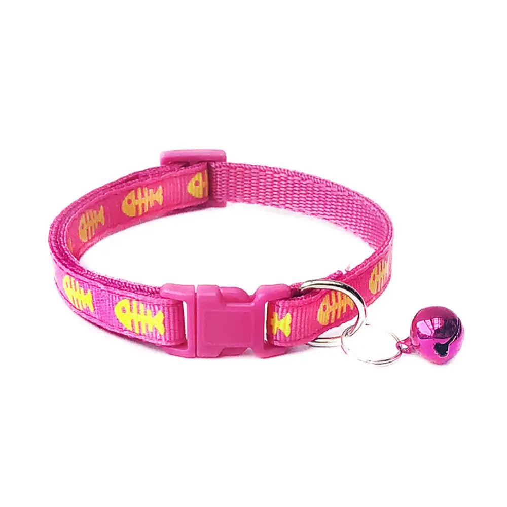 Pets Dog Cat Fish Bone Print Bell Buckle Adjustable Collar Necklace Neck Strap Adjustable Length: 19cm - 32cm