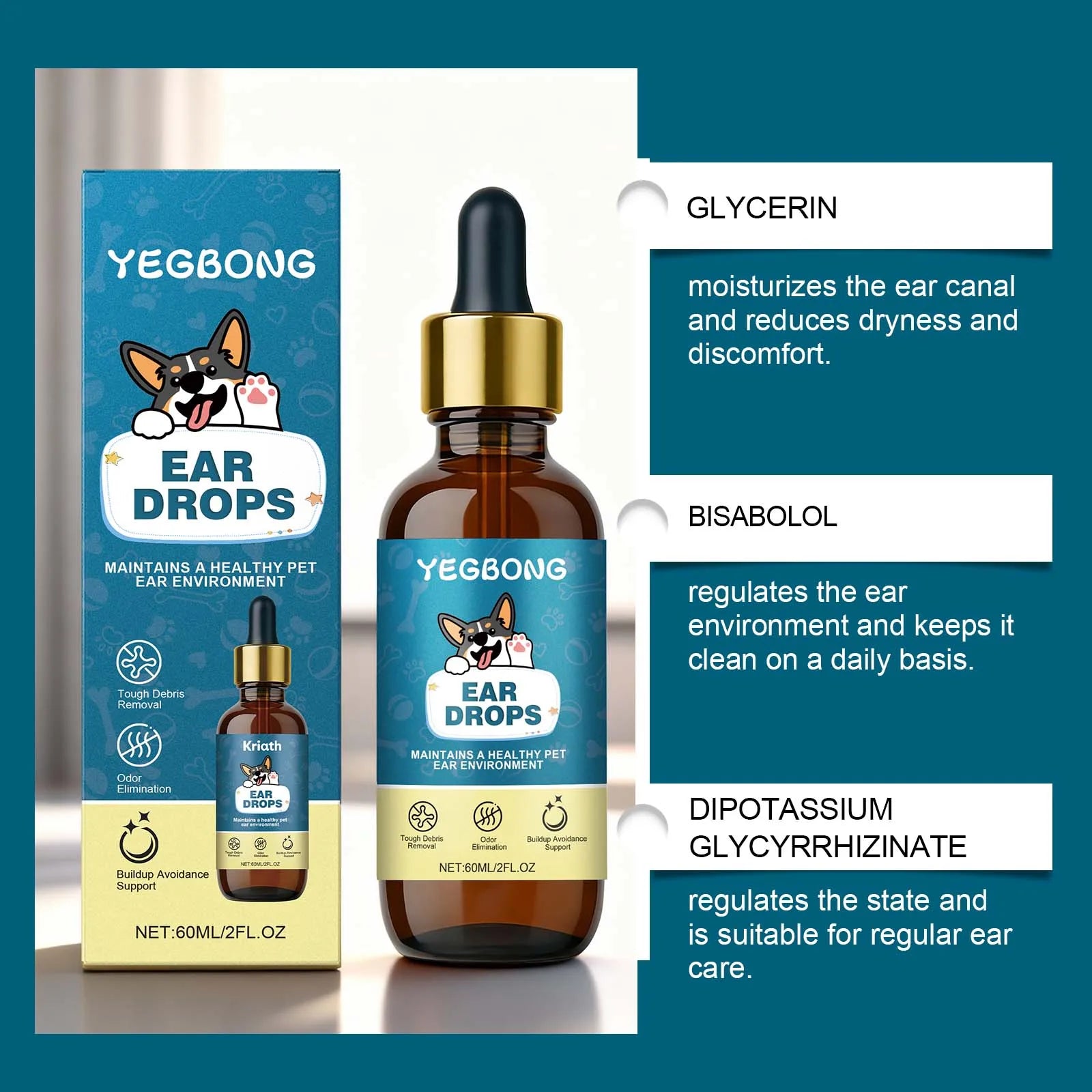 Yegbong 60ml Dog Ear Care Drops Clean Pet Ears with Gentle Ingredients Nourishing Care Drops